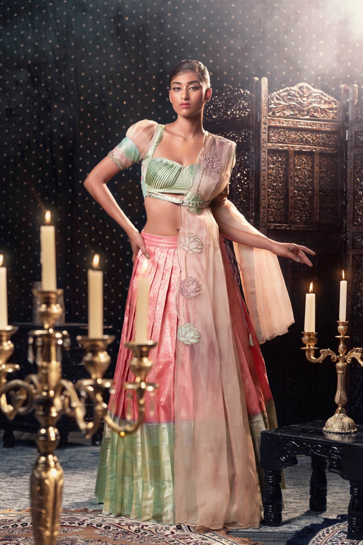 SHIBORI PATTU LEHENGA WITH HAND PLEATED BLOUSE