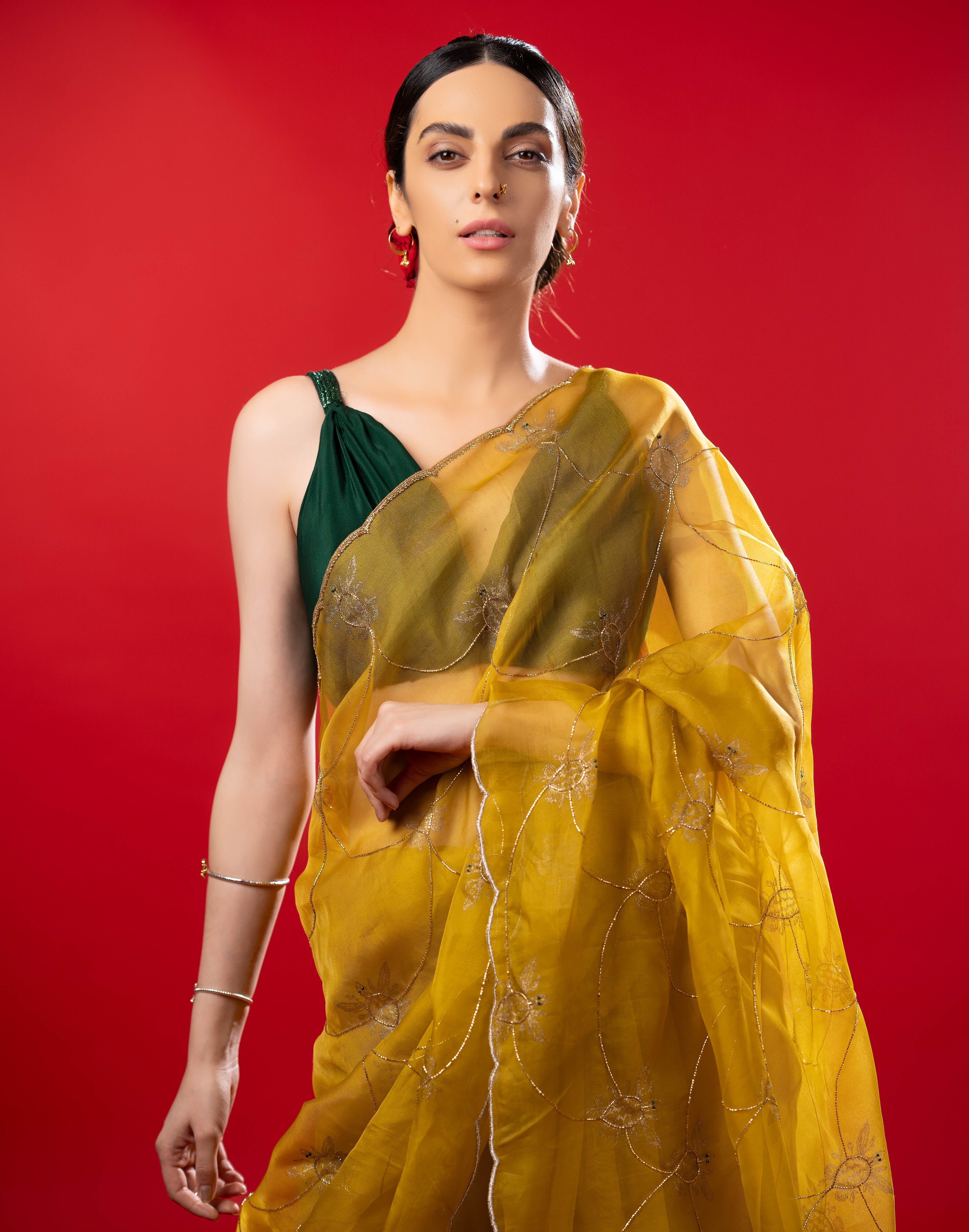 Yellow Shaded Organza Saree With Tortoise Butta All Over